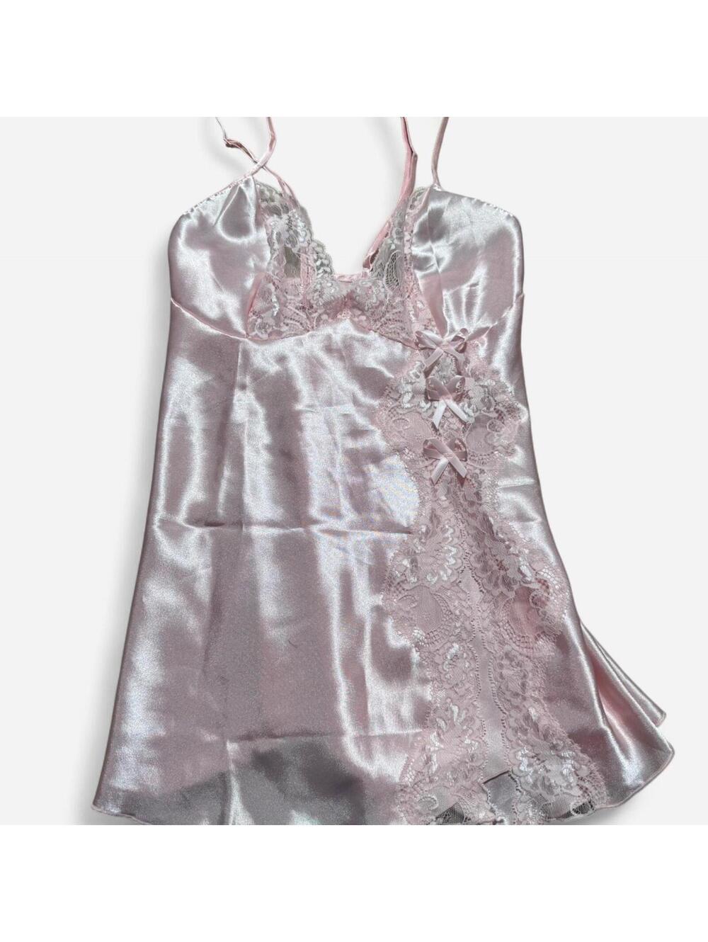 Fredericks of Hollywood coquette pink lace trim satin slip dress, size large